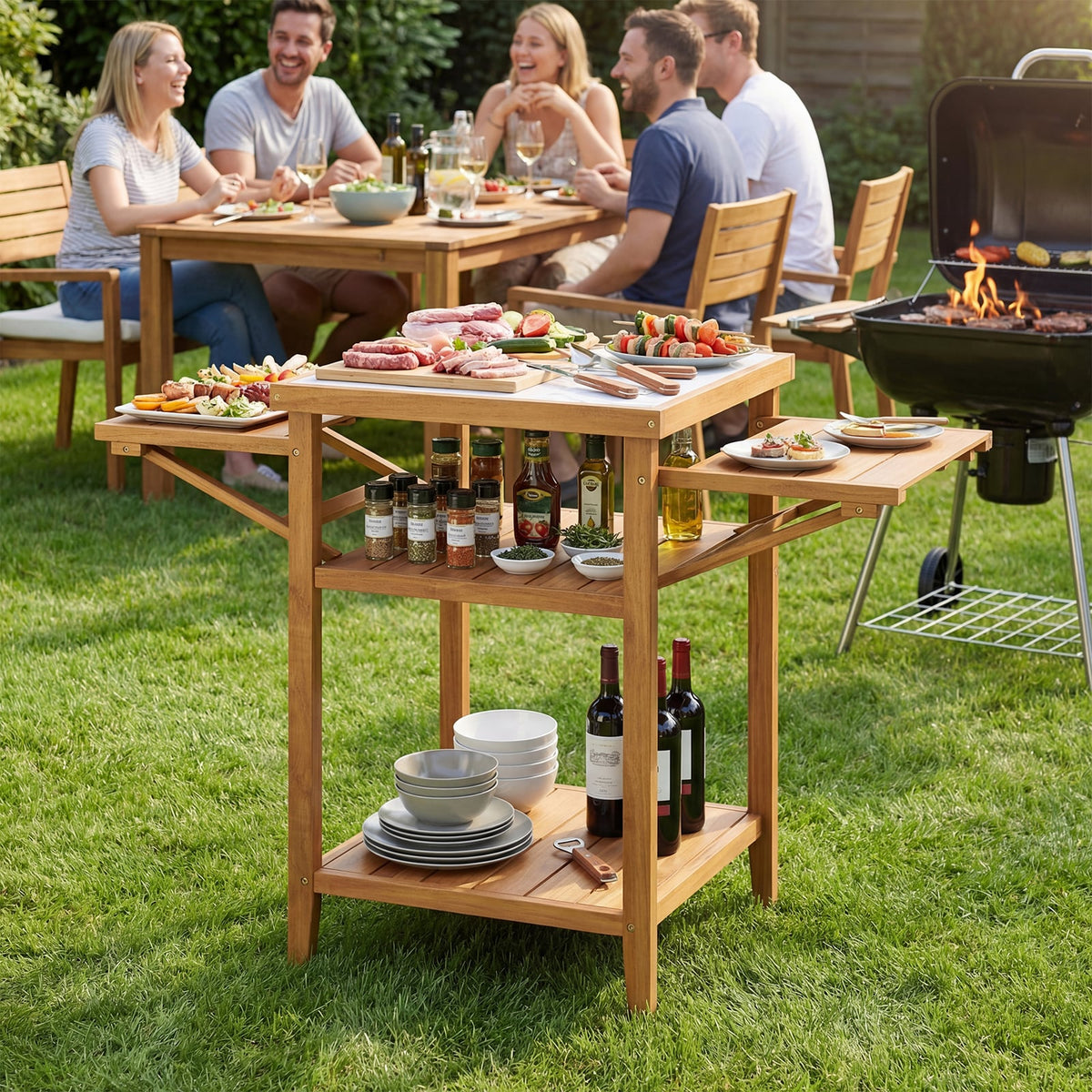 Acacia Wood Outdoor Grill Table with Faux Marble Top and Drop-Leaf Side Panels view 2