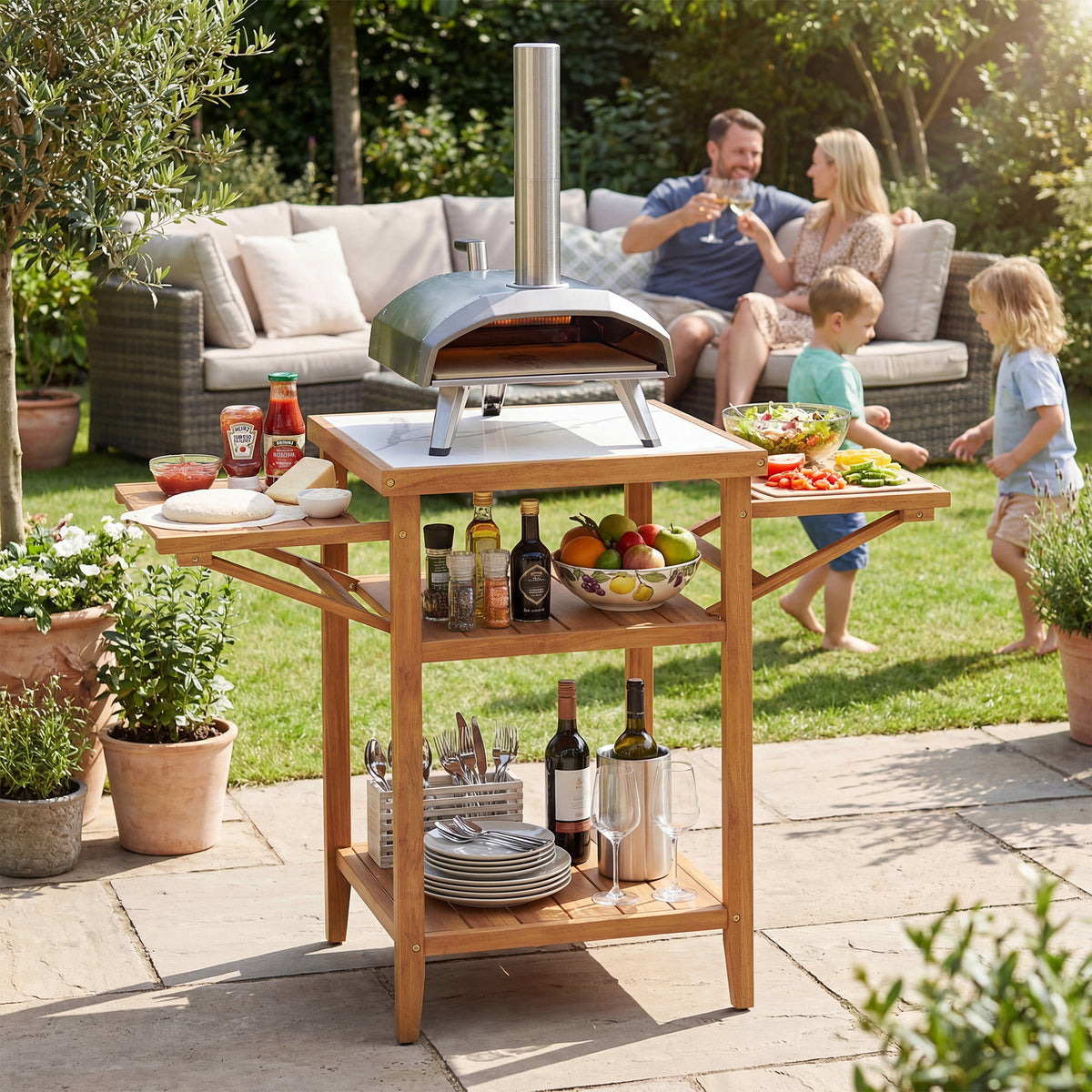 Acacia Wood Outdoor Grill Table with Faux Marble Top and Drop-Leaf Side Panels view 3