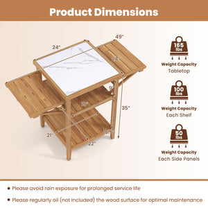 Acacia Wood Outdoor Grill Table with Faux Marble Top and Drop-Leaf Side Panels view 5