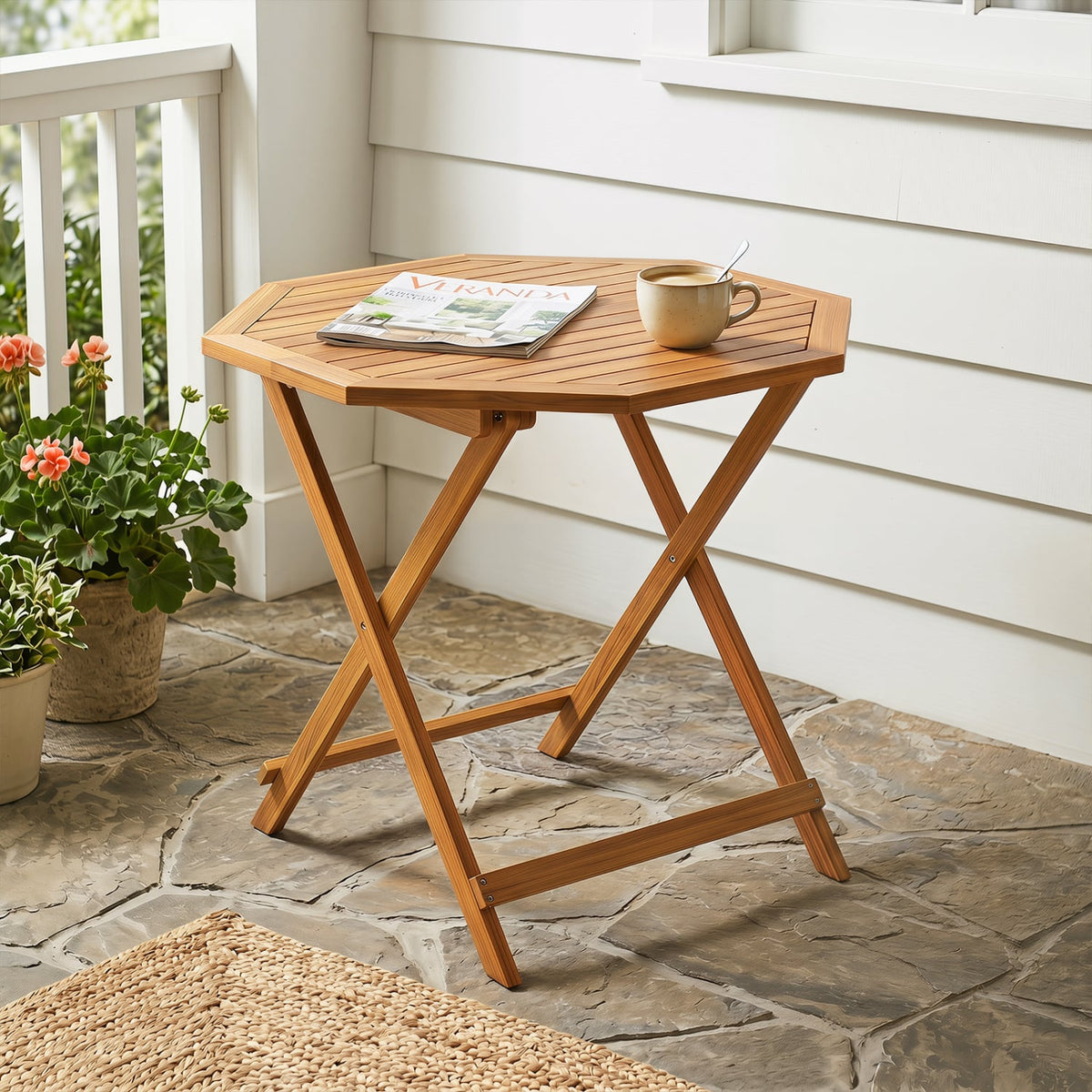Acacia Wood Outdoor Folding Dining Table for 4 Octagonal with Slatted Tabletop view 2