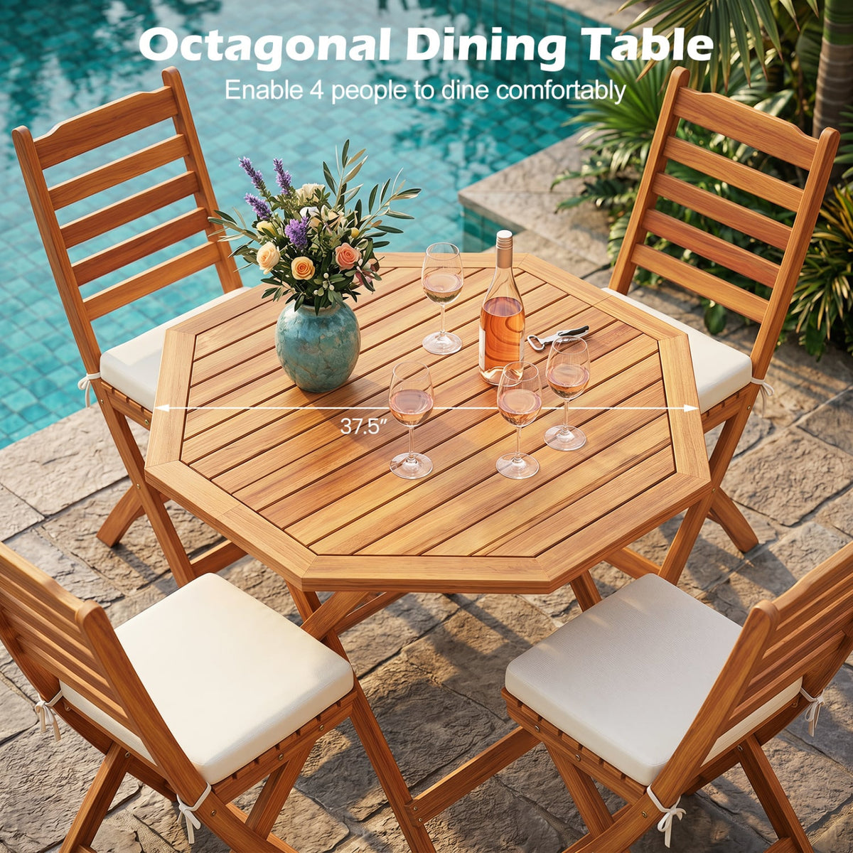 Acacia Wood Outdoor Folding Dining Table for 4 Octagonal with Slatted Tabletop view 7