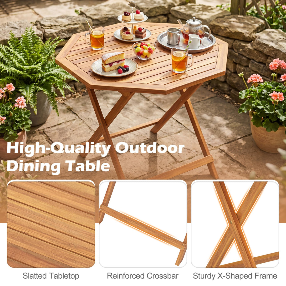 Acacia Wood Outdoor Folding Dining Table for 4 Octagonal with Slatted Tabletop view 9