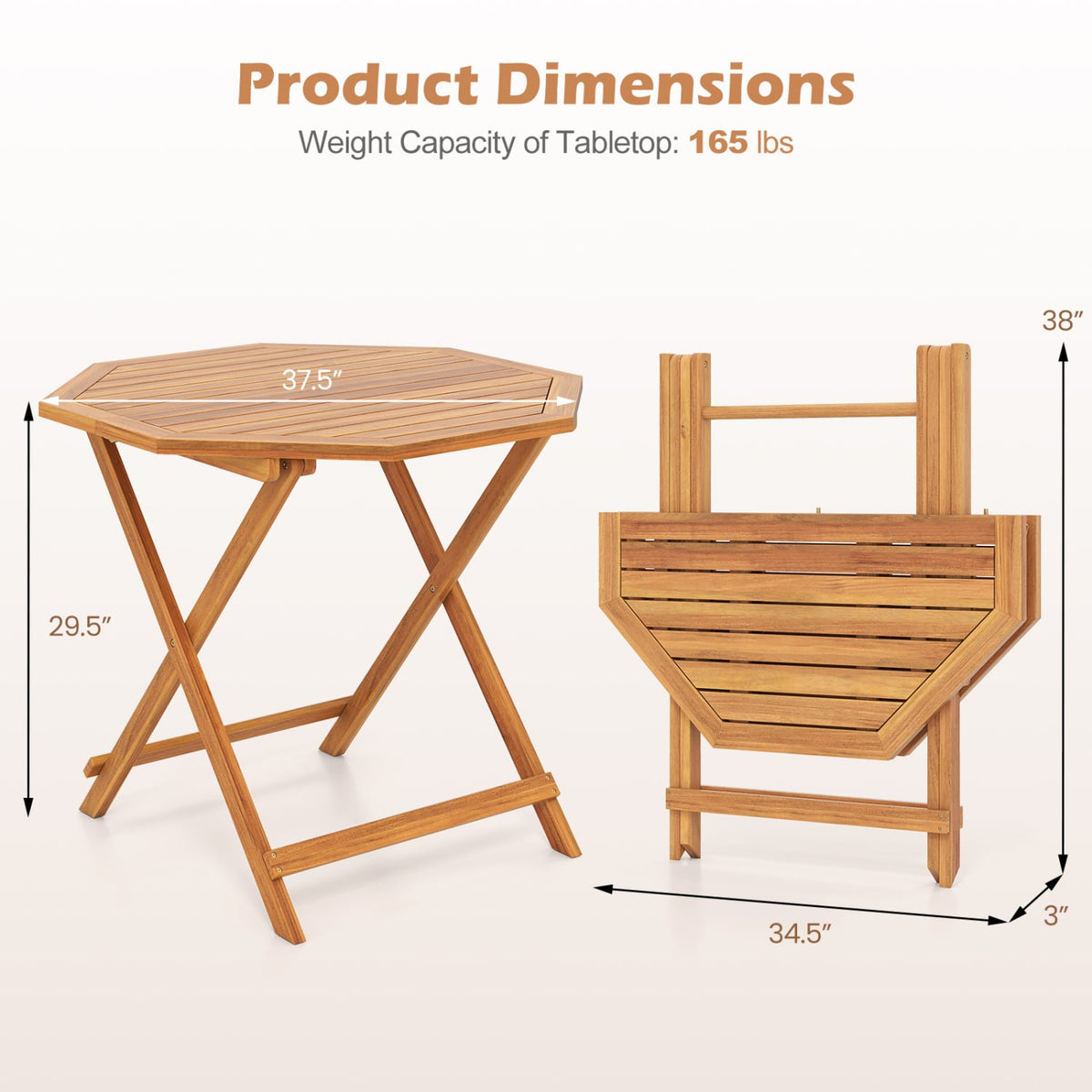 Acacia Wood Outdoor Folding Dining Table for 4 Octagonal with Slatted Tabletop view 5