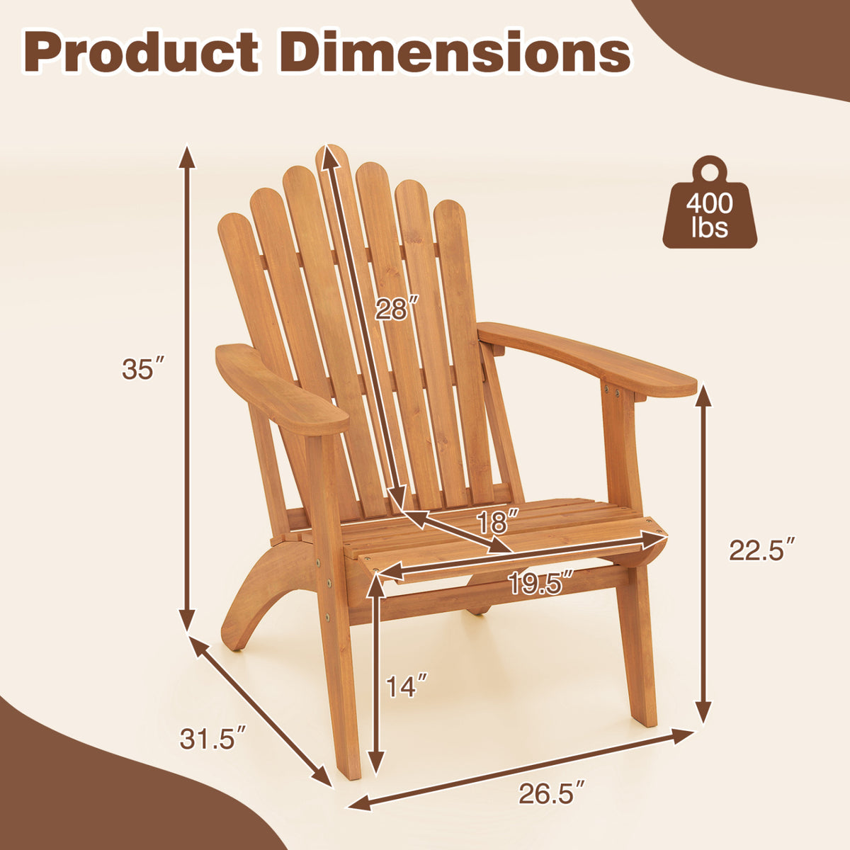 Acacia Wood Outdoor Patio Chair with 400 lbs Weight Capacity-Natural view 3
