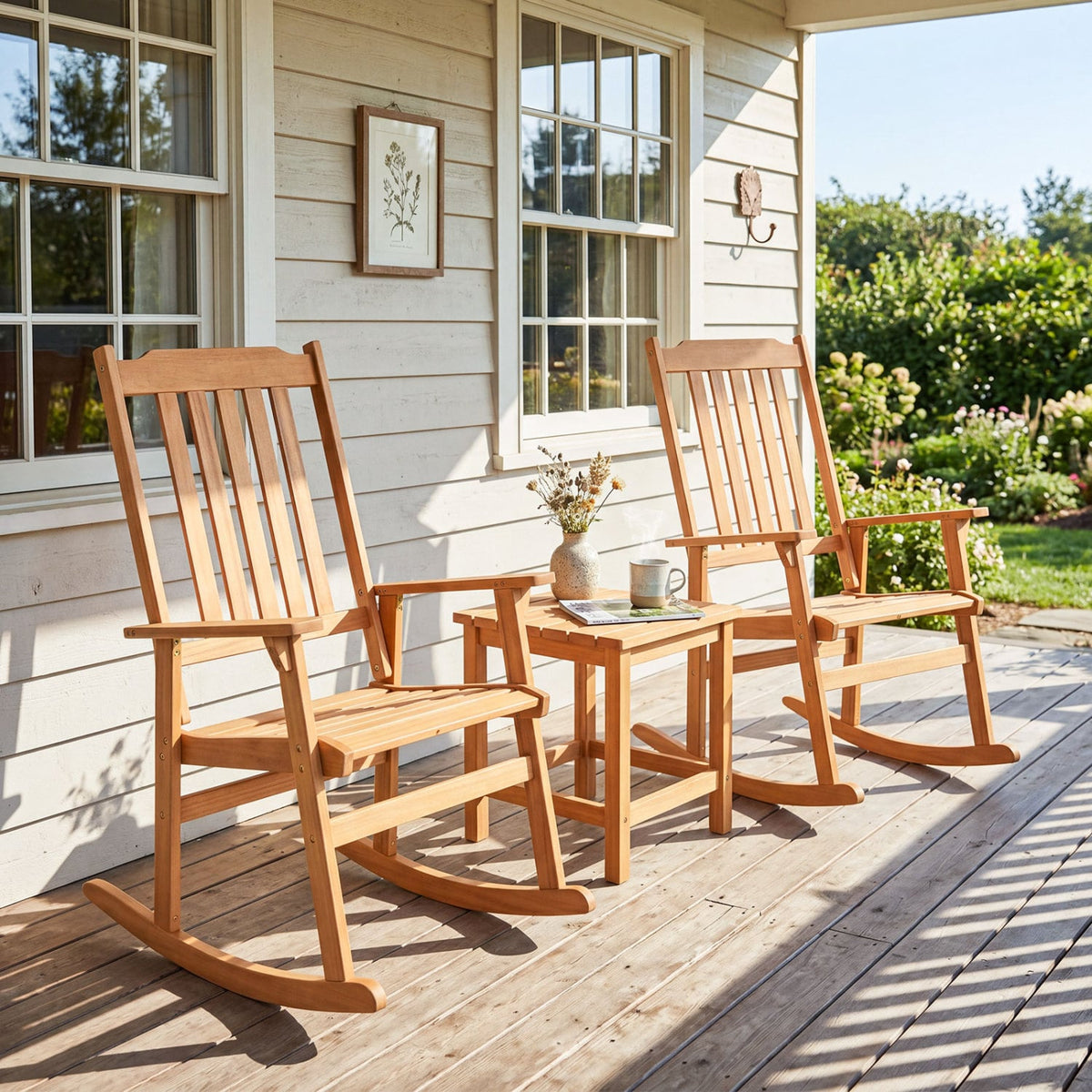 Acacia Wood Oversized Rocking Chair with High Back and Armrests for Outdoor-Natural view 2