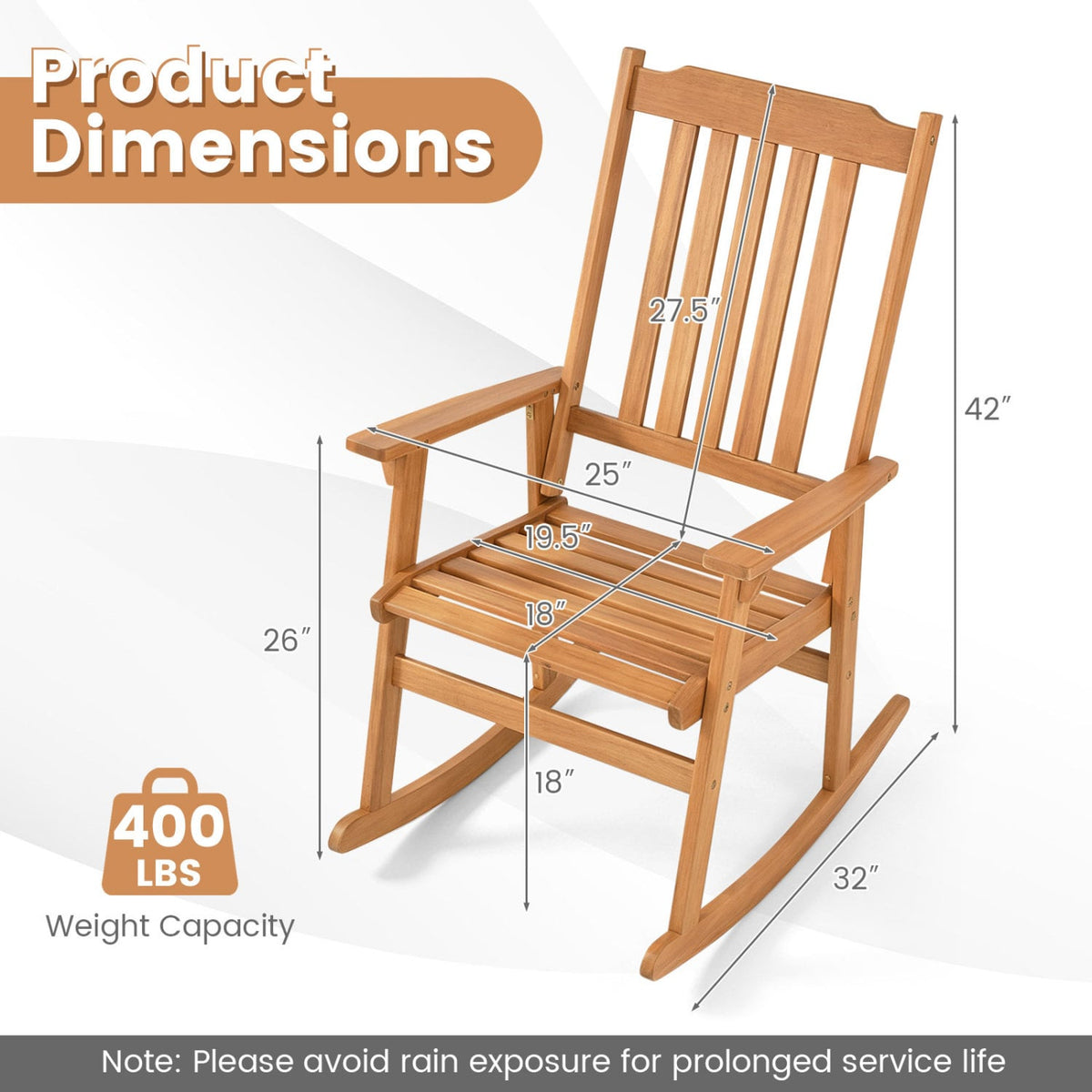 Acacia Wood Oversized Rocking Chair with High Back and Armrests for Outdoor-Natural view 8