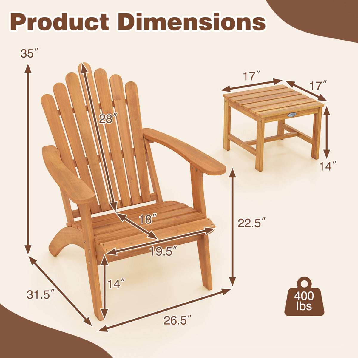 Adirondack Chair Set of 2 with Side Table for Deck Garden and Porch view 4