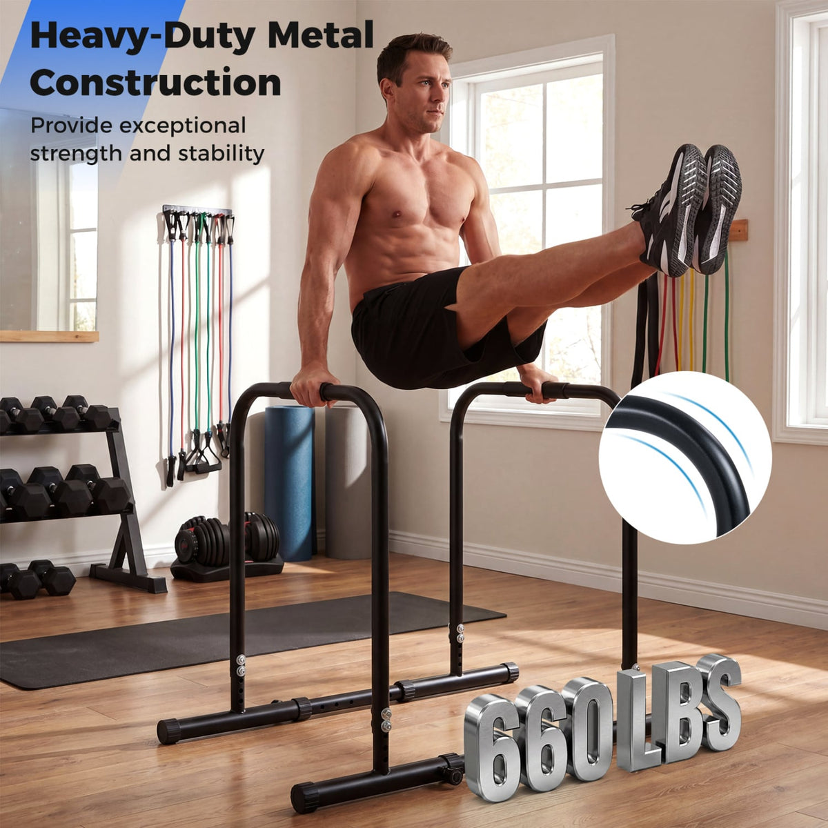 Adjustable Dip Bar Station with 660 LBS Capacity for Home Gym-Black view 5
