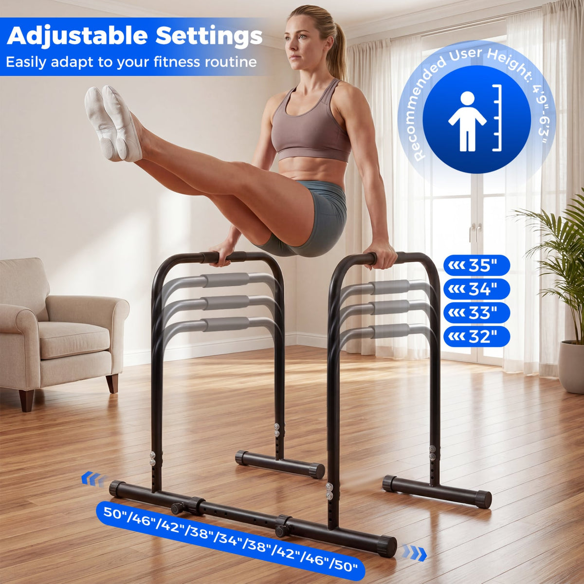Adjustable Dip Bar Station with 660 LBS Capacity for Calisthenics and Strength Training-Black view 6