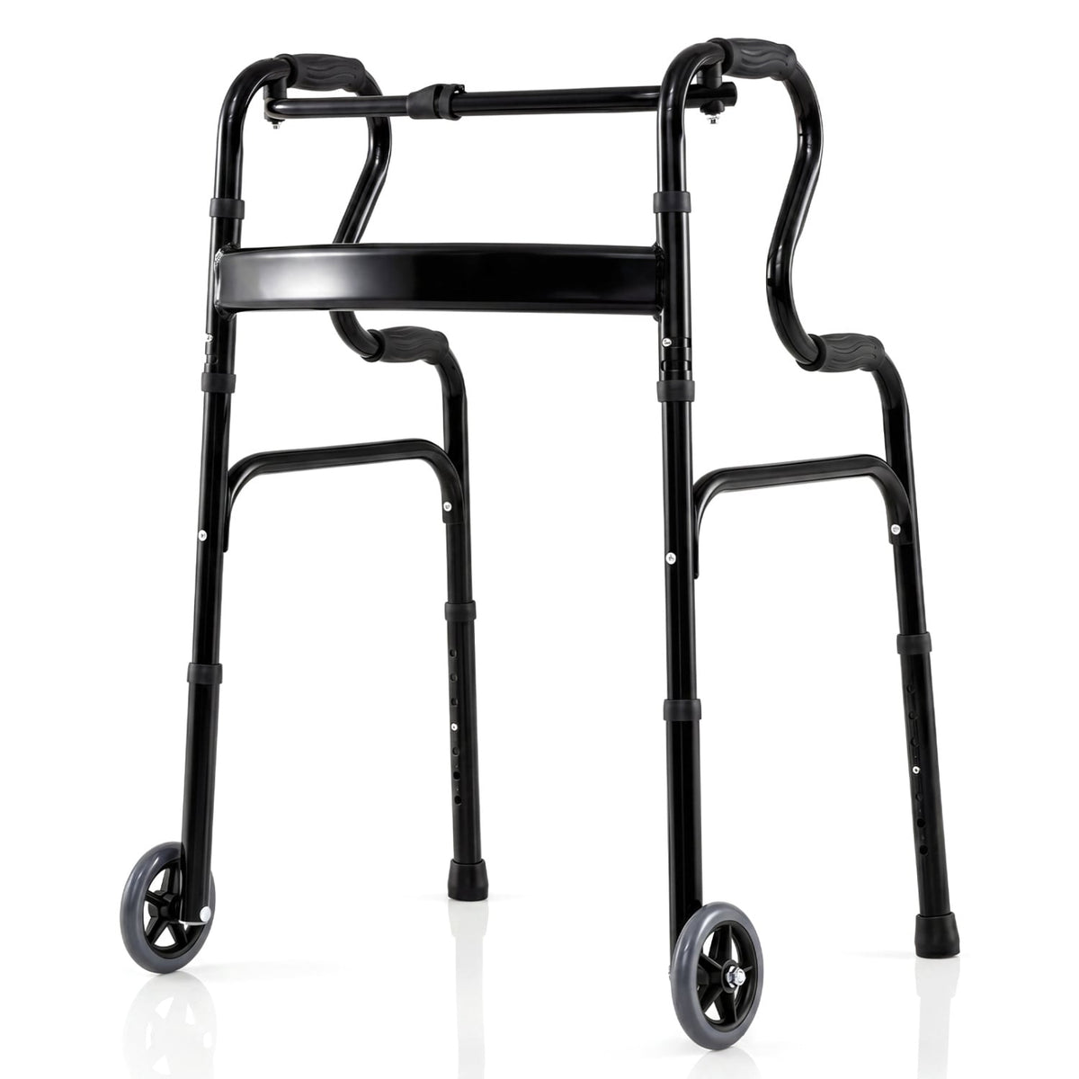 Adjustable Heavy-Duty Folding Walker with Unidirectional Wheels and Bi-Level Armrests-Black view 3