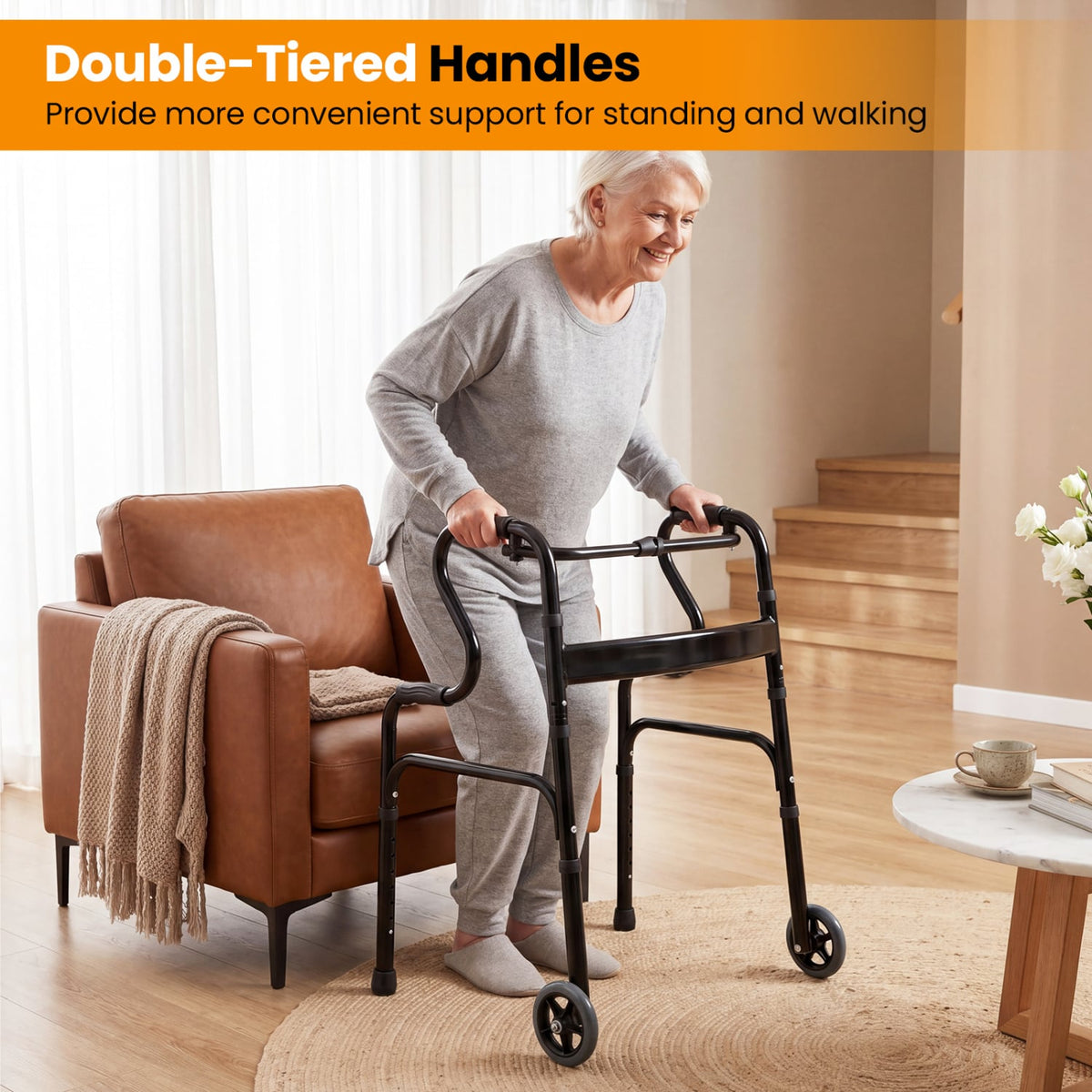 Adjustable Heavy-Duty Folding Walker with Unidirectional Wheels and Bi-Level Armrests-Black view 5