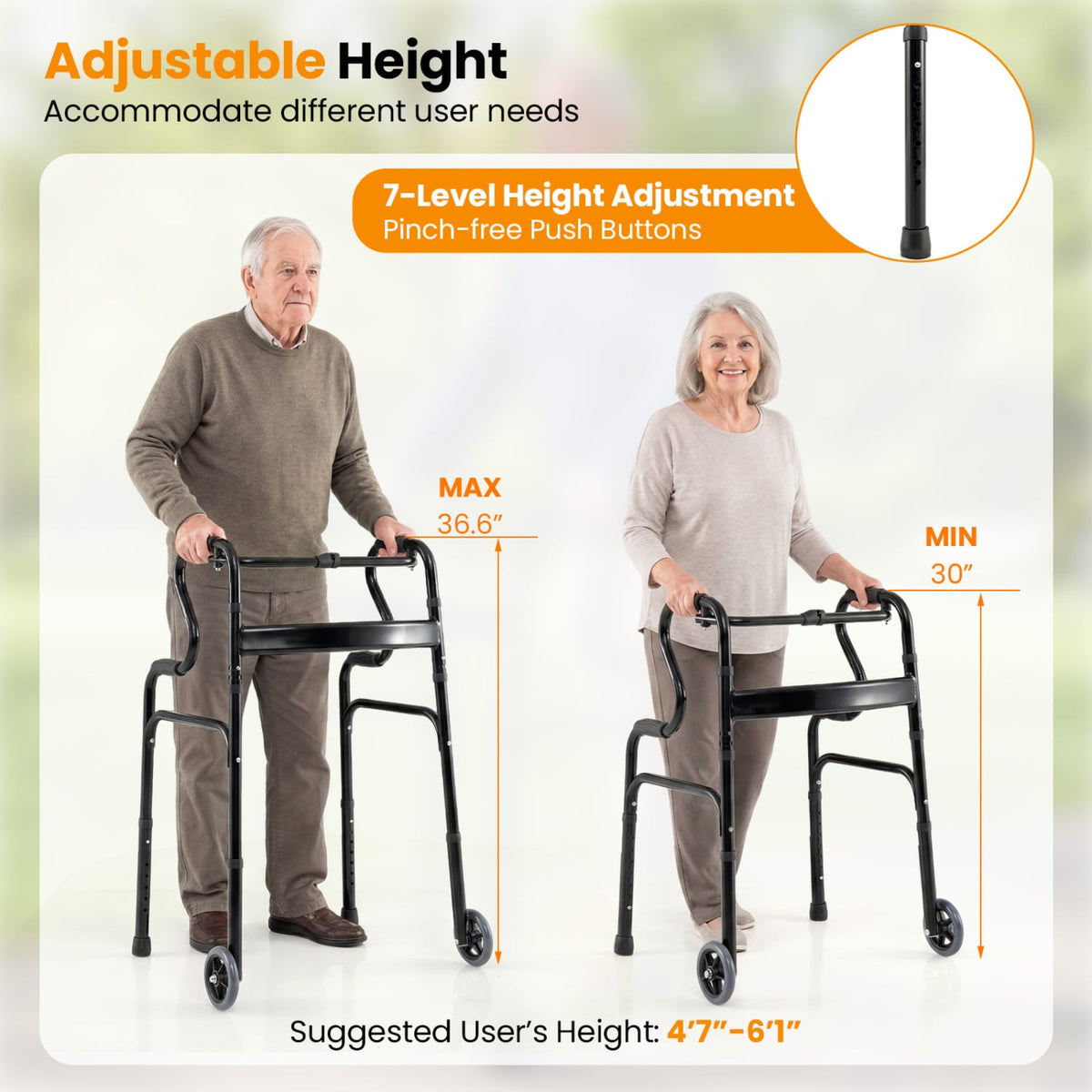 Adjustable Heavy-Duty Folding Walker with Unidirectional Wheels and Bi-Level Armrests-Black view 6