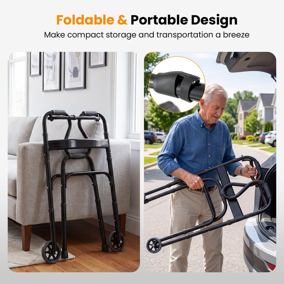 Adjustable Heavy-Duty Folding Walker with Unidirectional Wheels and Bi-Level Armrests-Black view 8