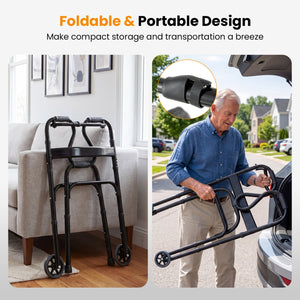 Adjustable Heavy-Duty Folding Walker with Unidirectional Wheels and Bi-Level Armrests-Black view 8