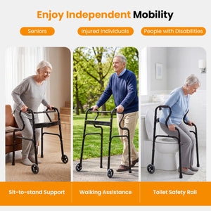 Adjustable Heavy-Duty Folding Walker with Unidirectional Wheels and Bi-Level Armrests-Black view 9