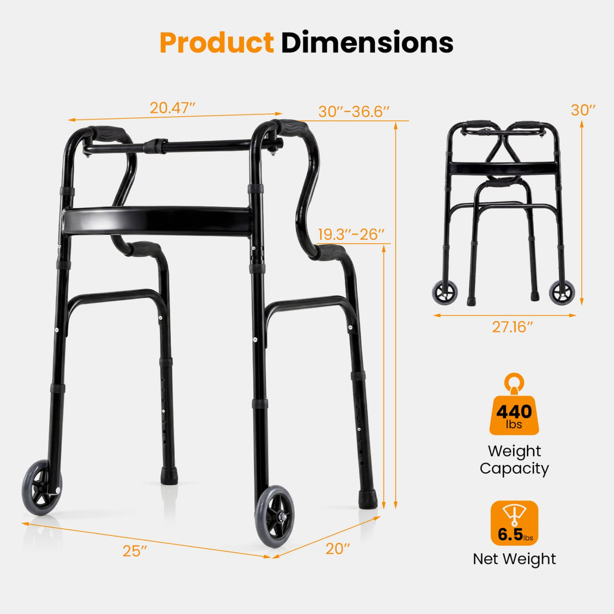 Adjustable Heavy-Duty Folding Walker with Unidirectional Wheels and Bi-Level Armrests-Black view 4