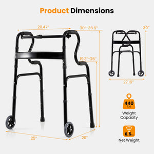 Adjustable Heavy-Duty Folding Walker with Unidirectional Wheels and Bi-Level Armrests-Black view 4