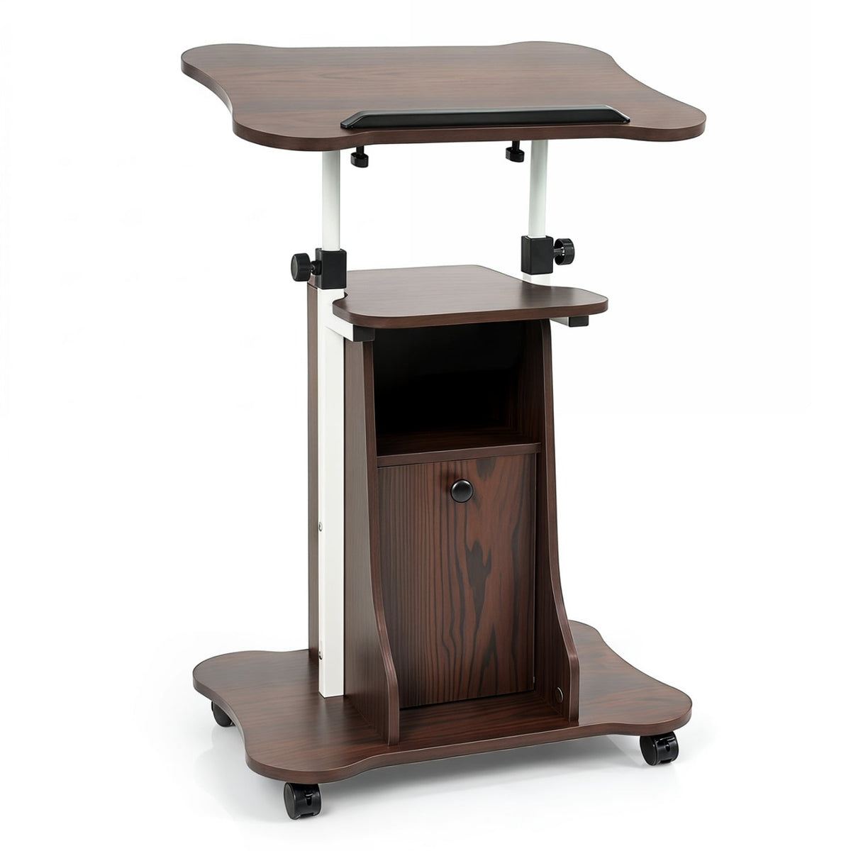 Adjustable Mobile Standing Desk Cart with Tilt Desktop and Cabinet-Brown view 4
