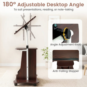 Adjustable Mobile Standing Desk Cart with Tilt Desktop and Cabinet-Brown view 7