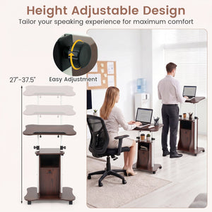 Adjustable Mobile Standing Desk Cart with Tilt Desktop and Cabinet-Brown view 8