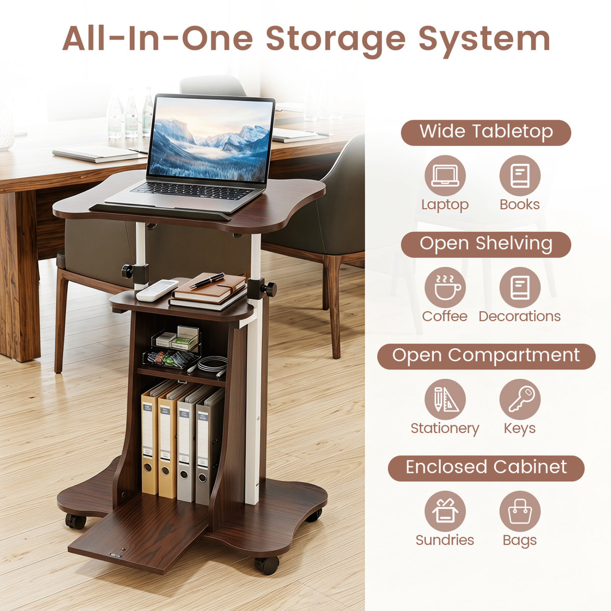 Adjustable Mobile Standing Desk Cart with Tilt Desktop and Cabinet-Brown view 9