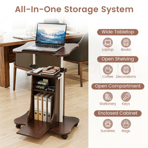 Adjustable Mobile Standing Desk Cart with Tilt Desktop and Cabinet-Brown view 9