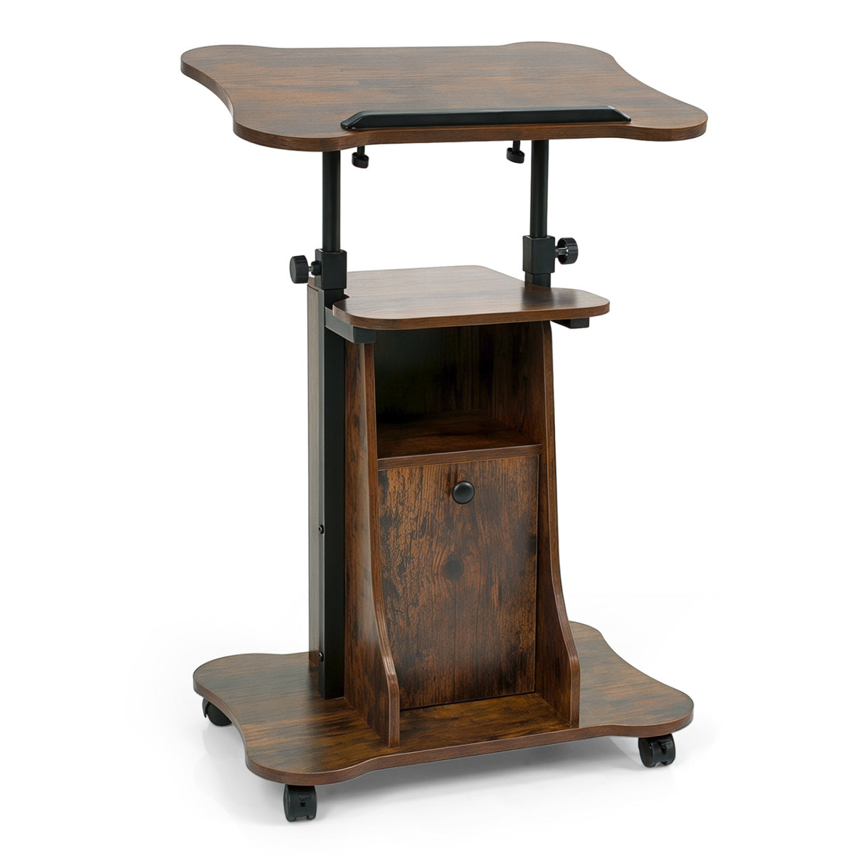 Adjustable Mobile Standing Desk Cart with Tilt Desktop and Cabinet-Rustic Brown view 4