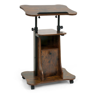 Adjustable Mobile Standing Desk Cart with Tilt Desktop and Cabinet-Rustic Brown view 4