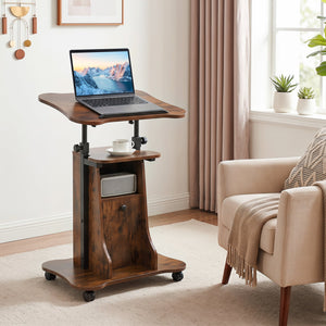 Adjustable Mobile Standing Desk Cart with Tilt Desktop and Cabinet-Rustic Brown view 6