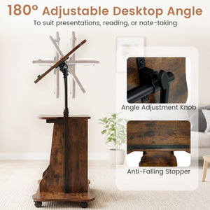 Adjustable Mobile Standing Desk Cart with Tilt Desktop and Cabinet-Rustic Brown view 7