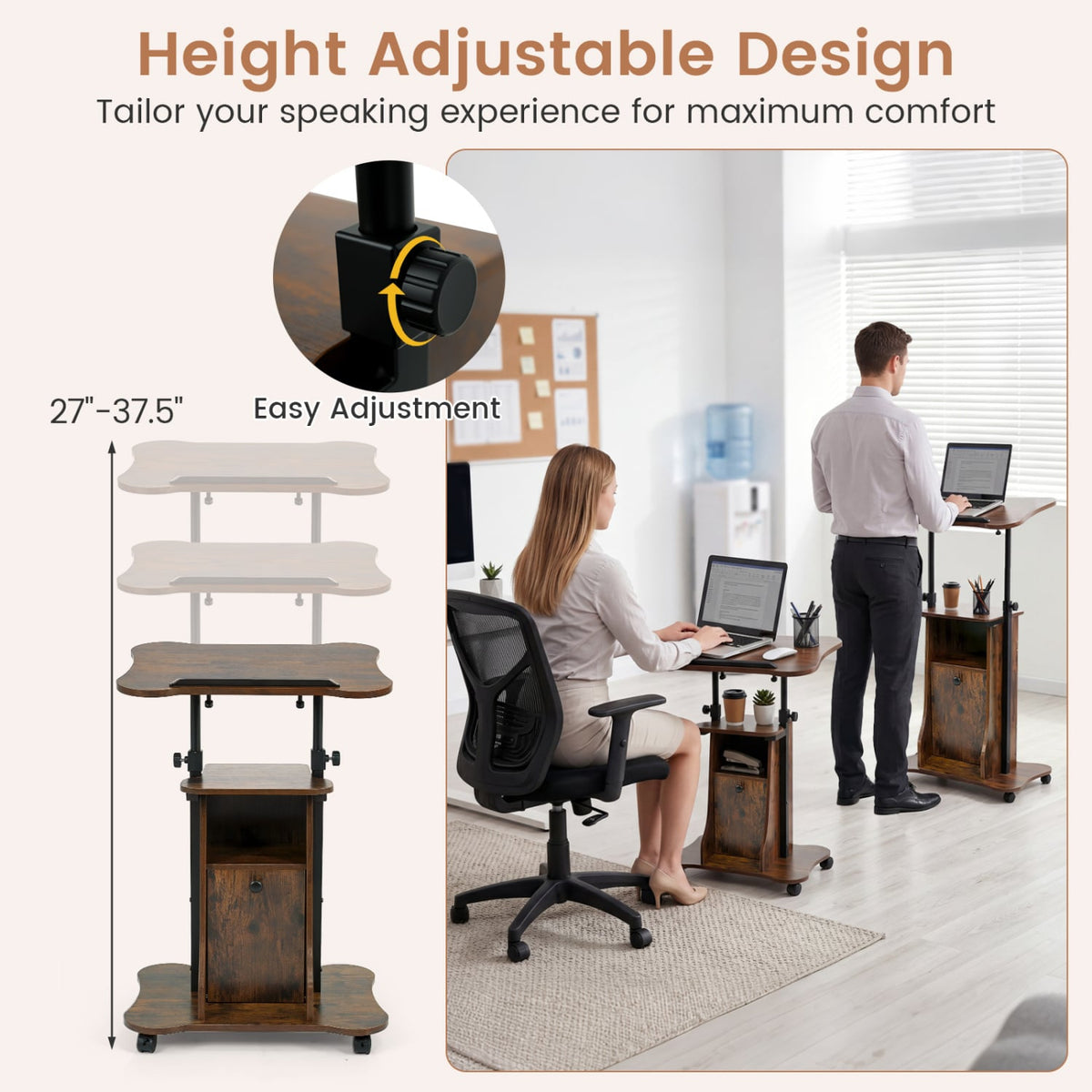 Adjustable Mobile Standing Desk Cart with Tilt Desktop and Cabinet-Rustic Brown view 8