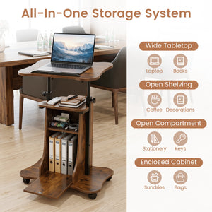 Adjustable Mobile Standing Desk Cart with Tilt Desktop and Cabinet-Rustic Brown view 9