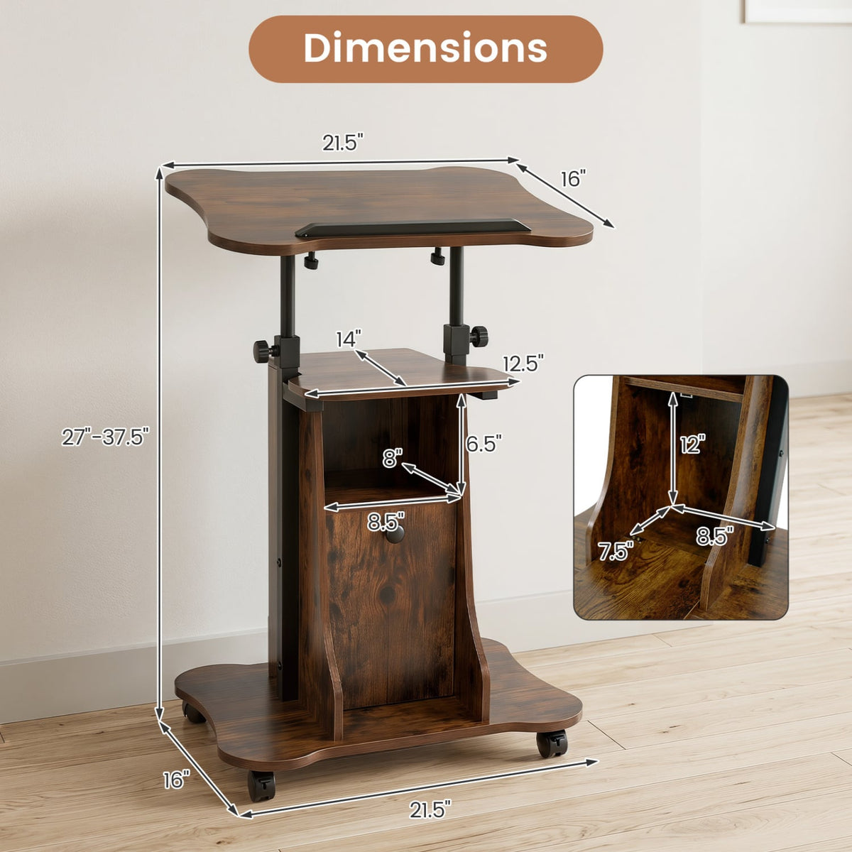 Adjustable Mobile Standing Desk Cart with Tilt Desktop and Cabinet-Rustic Brown view 5