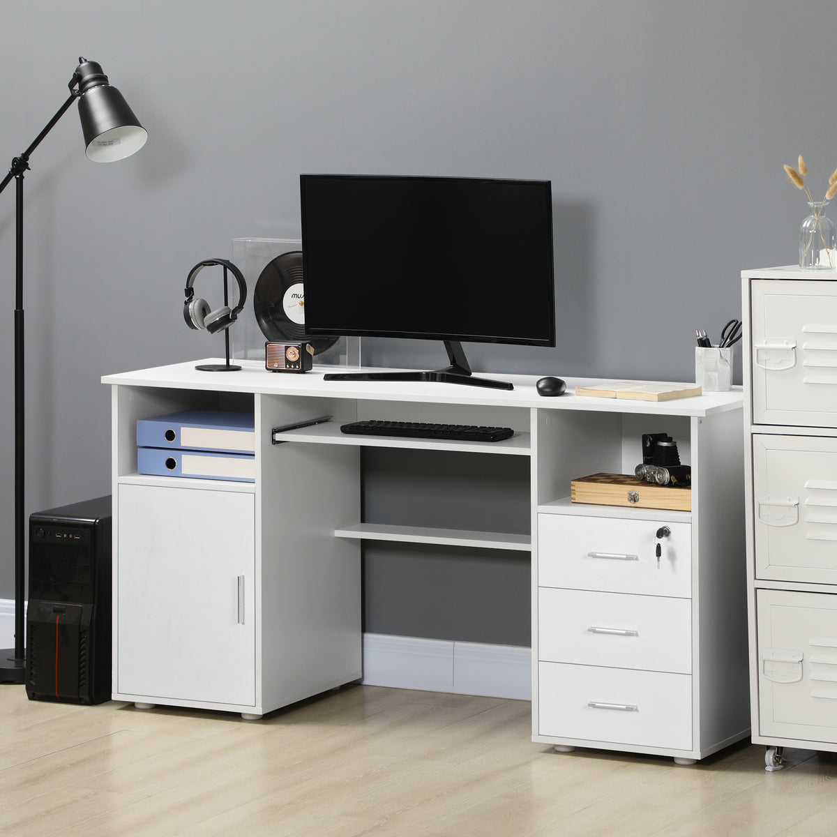 57" Computer Desk with Drawers, Home Office Desk with Keyboard Tray, Open Shelves and Lockable Drawer – view 13