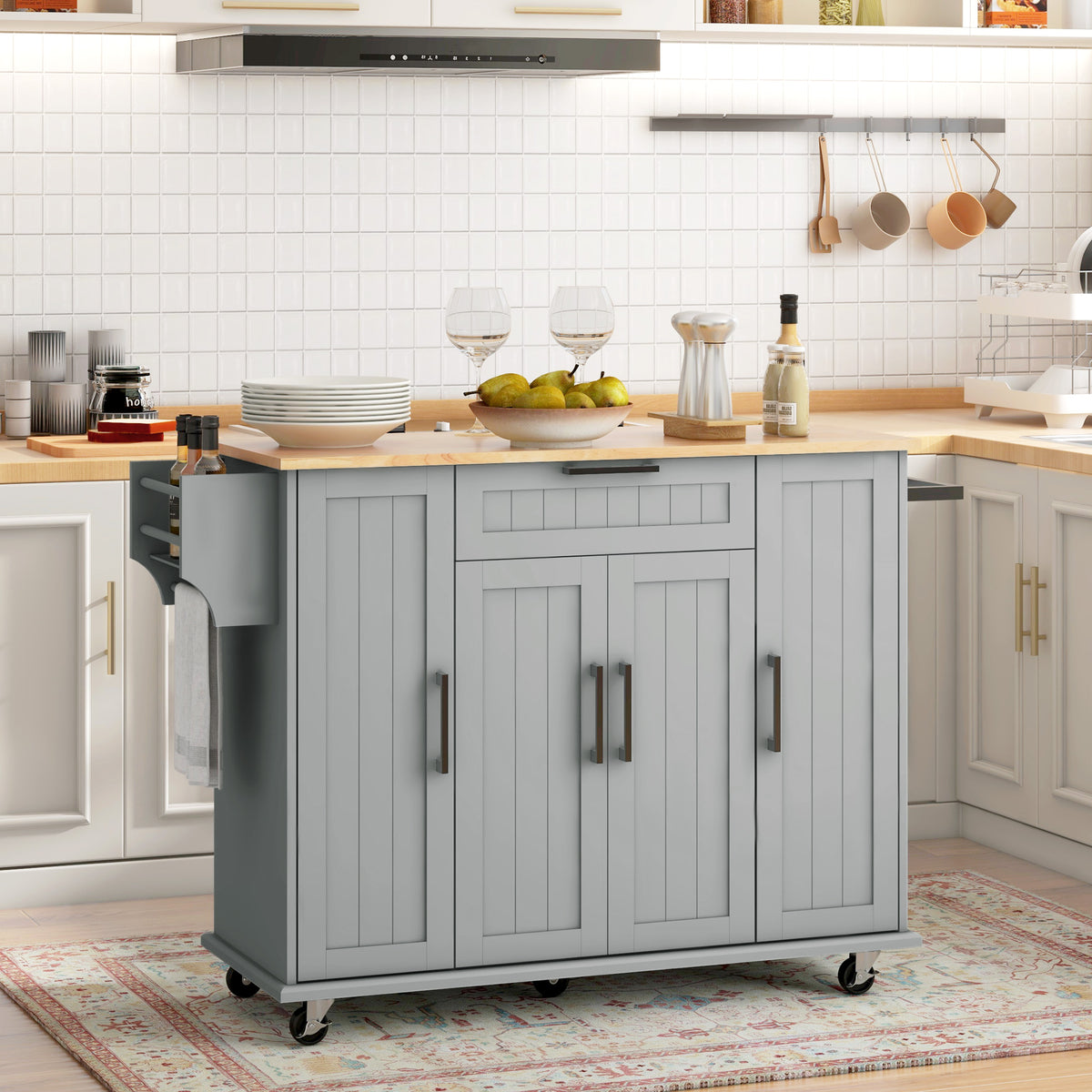Modern Rolling Kitchen Island Cart with Drawers, Natural Wood Top, Towel Rack, Door Storage Cabinet, Black – view 14
