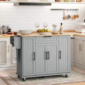 Modern Rolling Kitchen Island Cart with Drawers, Natural Wood Top, Towel Rack, Door Storage Cabinet, Black – view 14
