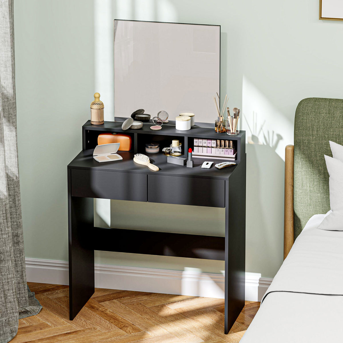 Makeup Vanity Desk with Mirror, for Bedroom, Modern Dressing Table with Drawers, Compartments, Black