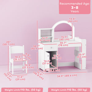 Qaba Kids Vanity Set, Toddler Dressing Table and Chair Set  with Lighted Mirror, Cabinet, Drawer and Shelves