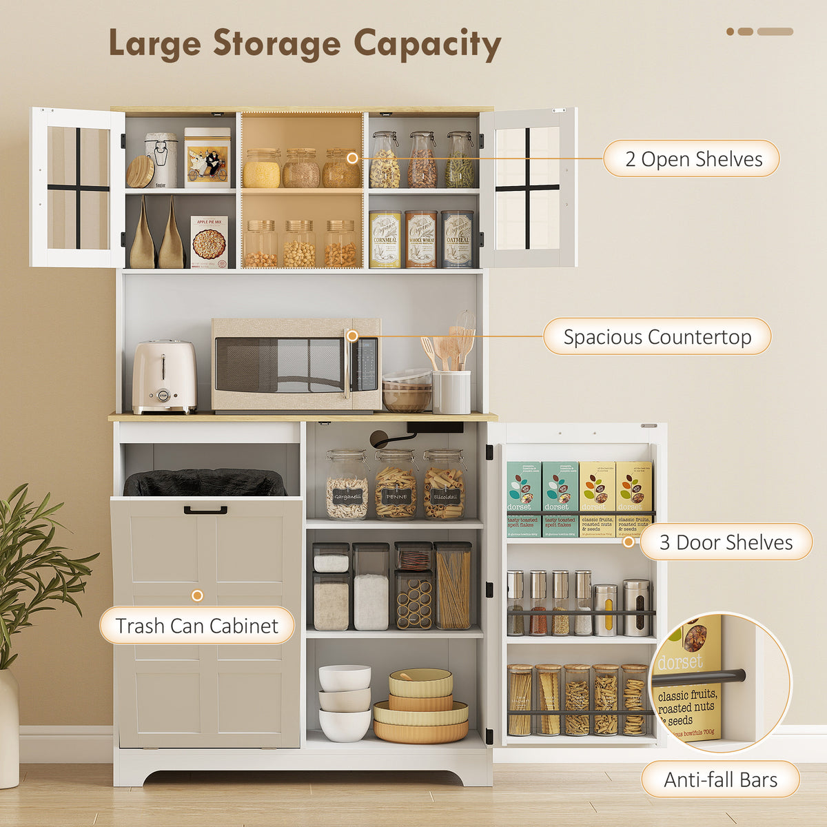 Kitchen Pantry Cabinet with Charging Station, 7 Gallon Trash Can Cabinet – view 11