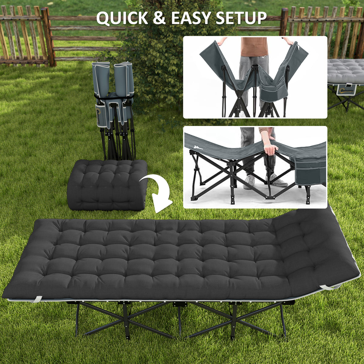 26.8" Wide Folding Bed, Camping Cot for Adults with Cushion, Carry Bag, Max Load 330 LBS, Black