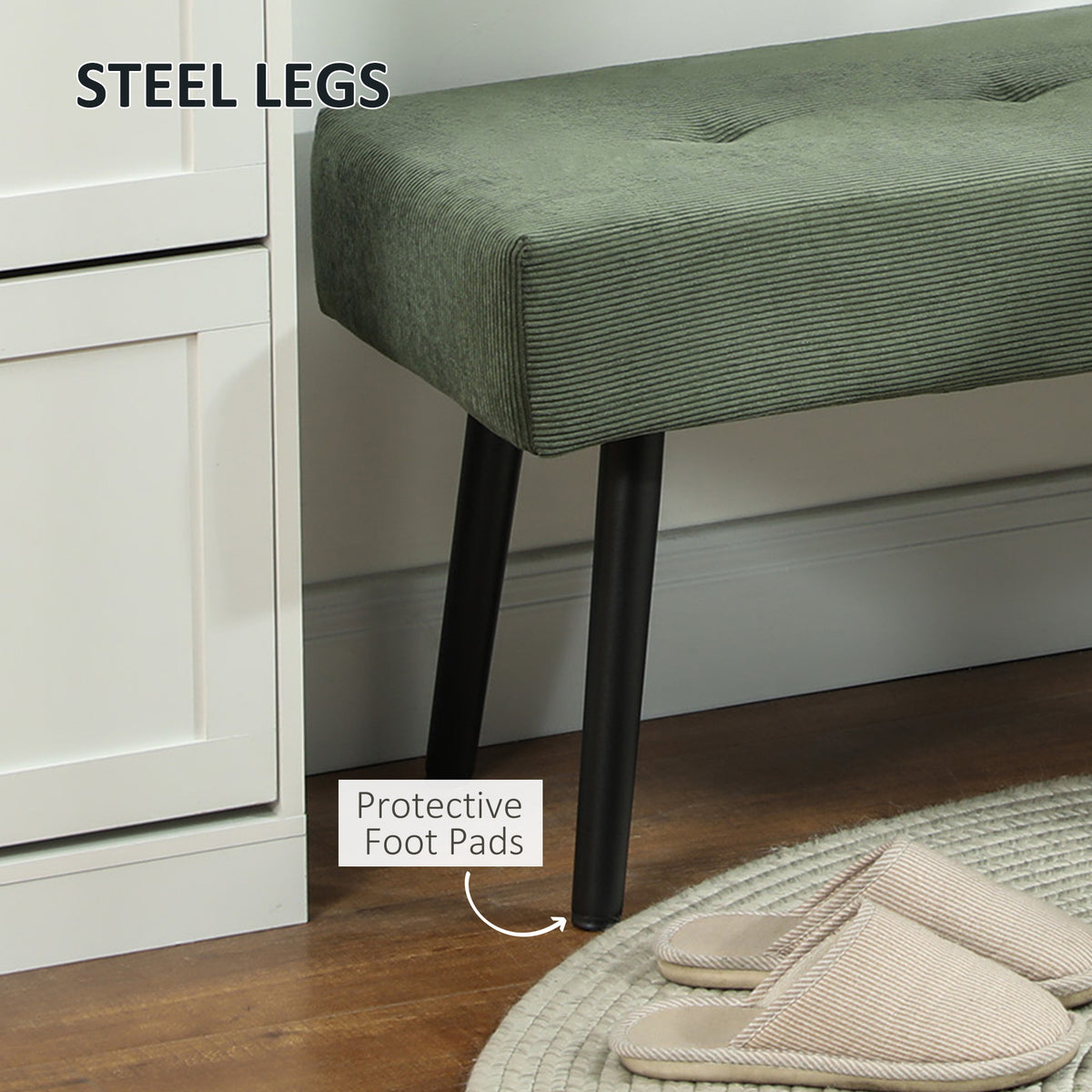 39" Upholstered Ottoman Bench, Corduroy Entryway Bedroom Bench with Padded Seat and Steel Legs for Bedroom – view 11