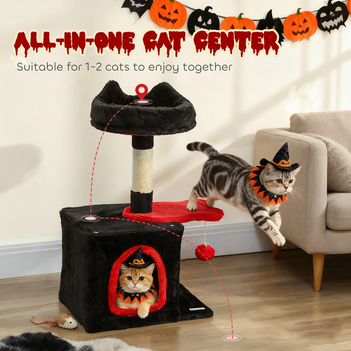 28" Cat Tree Tower with Plush Top Bed, Cozy Condo, Sisal Scratching Post, Perch, Dangling Ball, Beige and Yellow