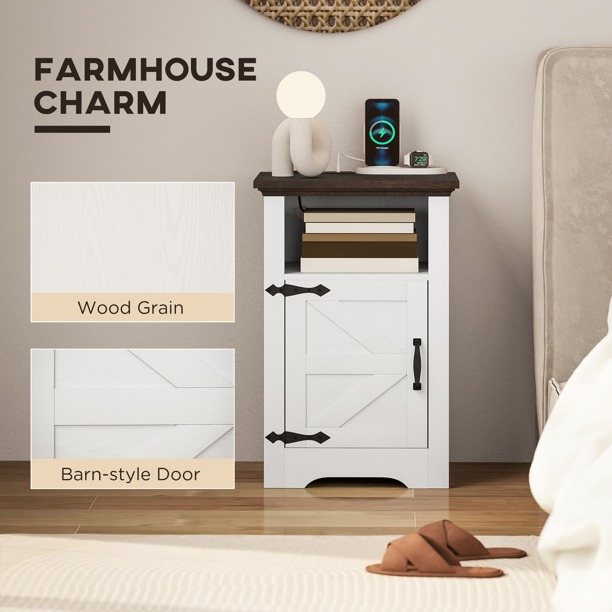 Set of 2 Side Tables, Night Stands with Charging Outlets, White