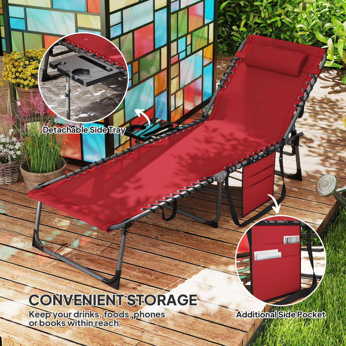 Folding Lounge Chair, Outdoor Chaise Lounge Tanning Chair with Adjustable Back, Side Table, Headrest, Black – view 12