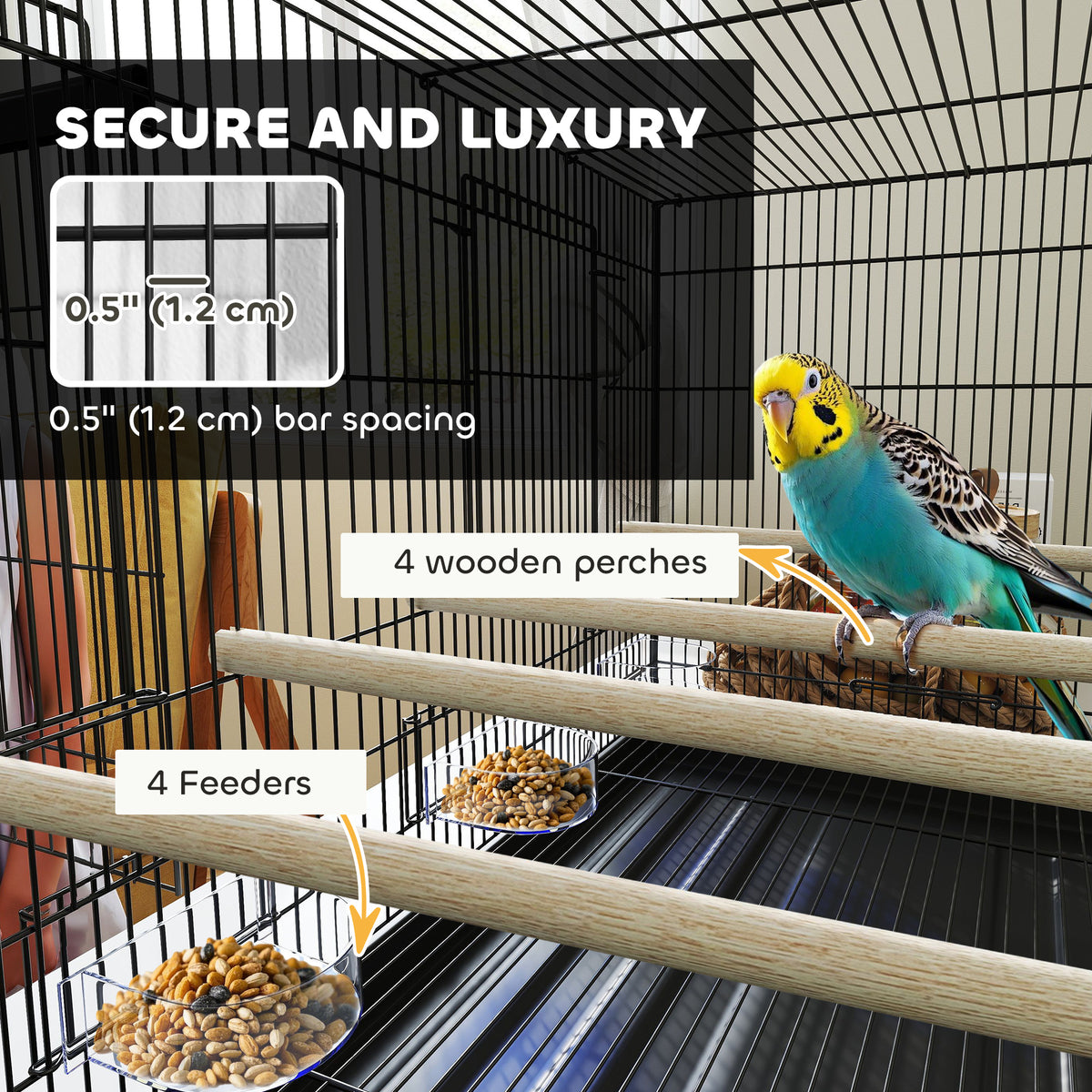 18" H Bird Cage, Large Parakeet Cage for Budgie, Lovebird, Canary, Finches with Divider, Black – view 4