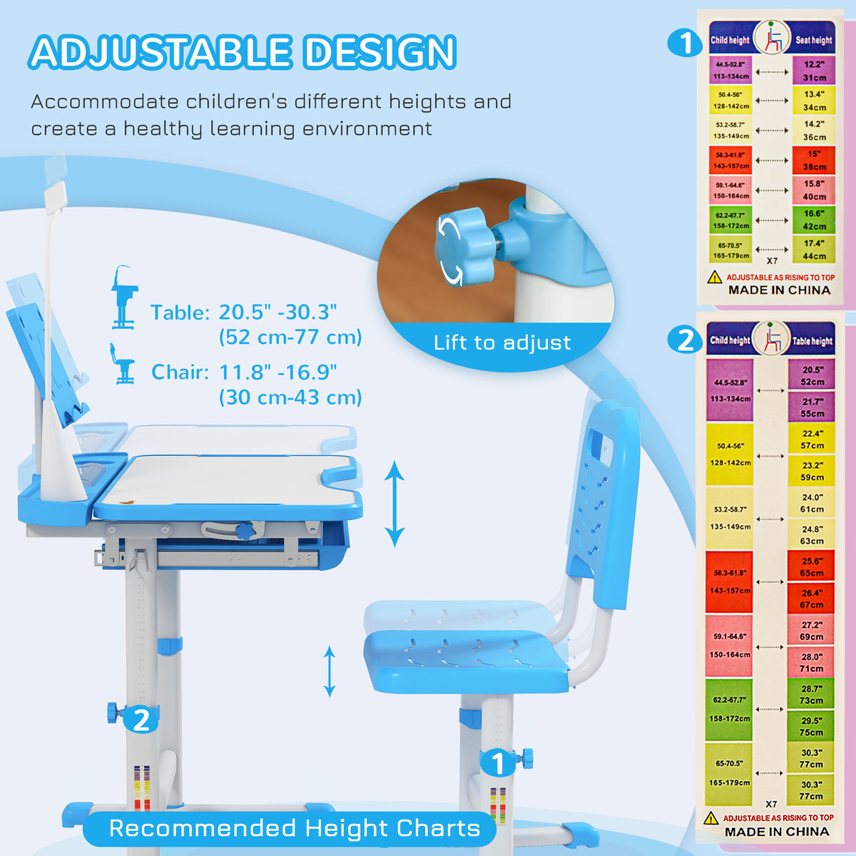 Qaba Kids Desk and Chair Set Height Adjustable Student Writing Desk Children School Study Table with Tilt Desktop
