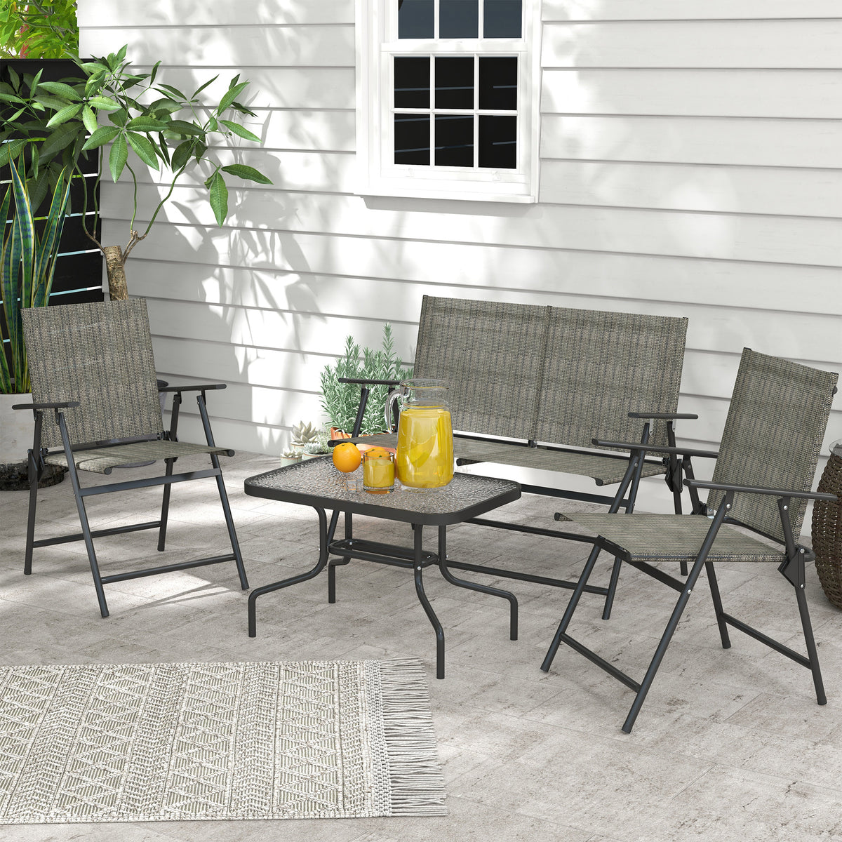 Outdoor 4 Pieces Patio Furniture Set, Garden Set with Two Foldable Armchairs, a Loveseat & Glass Top Table – view 7