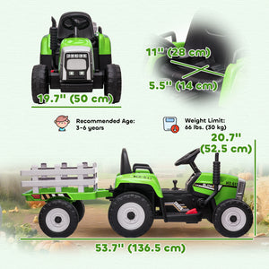 Aosom 12V Kids Ride on Tractor with Trailer, Battery Powered Electric Kids Car with Remote Control, Music Start up Sound and Horn, USB, LED Lights
