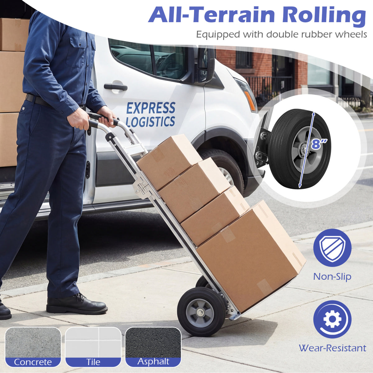 Aluminum Dolly Cart with 2 Rubber Wheels and Ergonomic Handle-Silver view 9