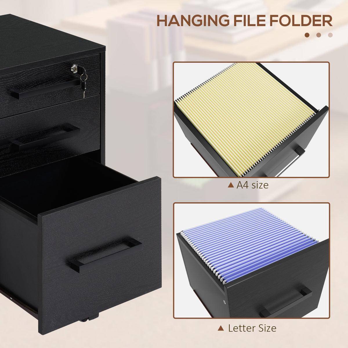 Lockable Vertical File Cabinet with Lock, 3 Drawer Filing Cabinet with Hanging Bars for Letter and A4 Size – view 4